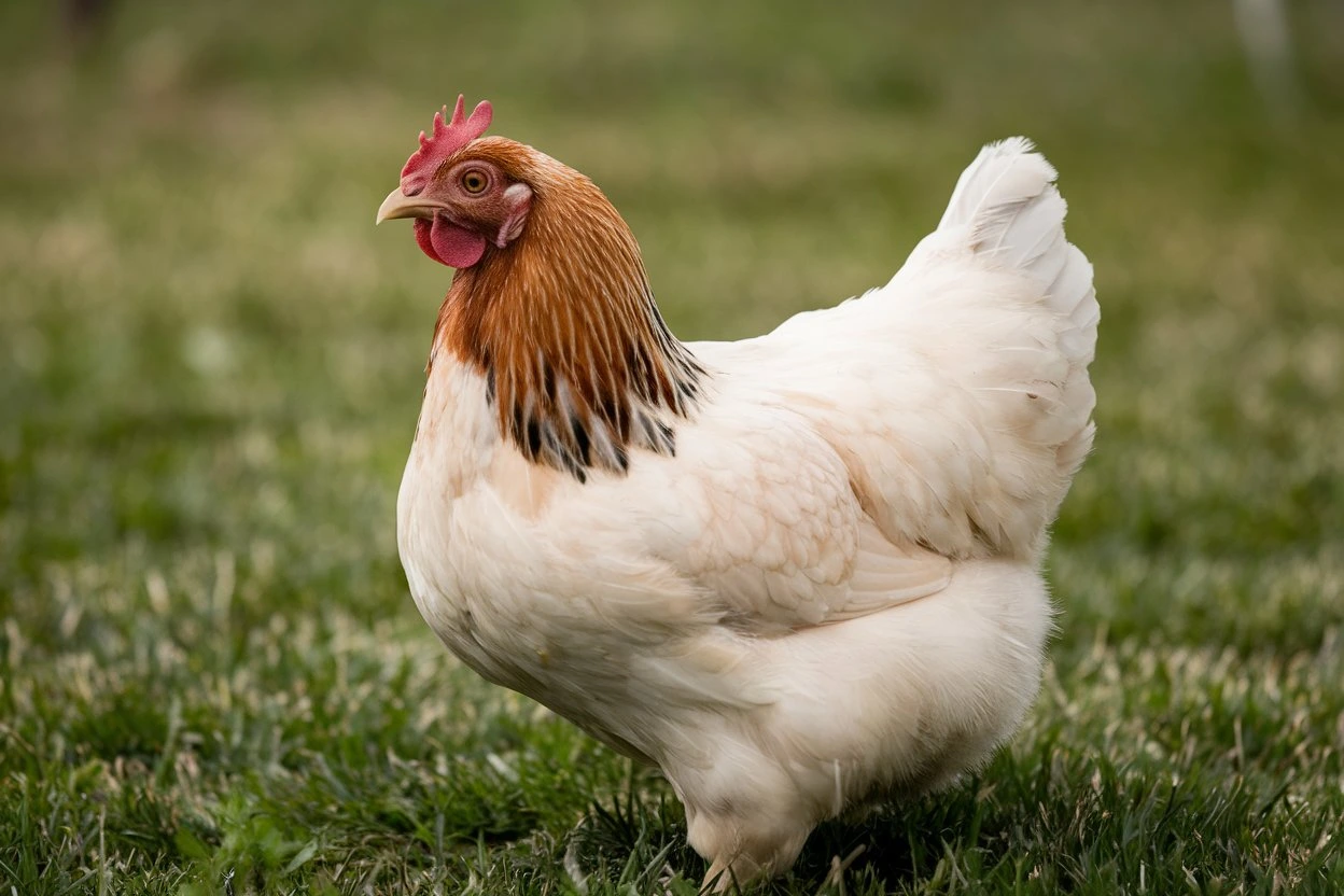 A Cinnamon Queen chicken with a white and reddish-brown feather pattern perched on a wooden fence in a farmyard setting.