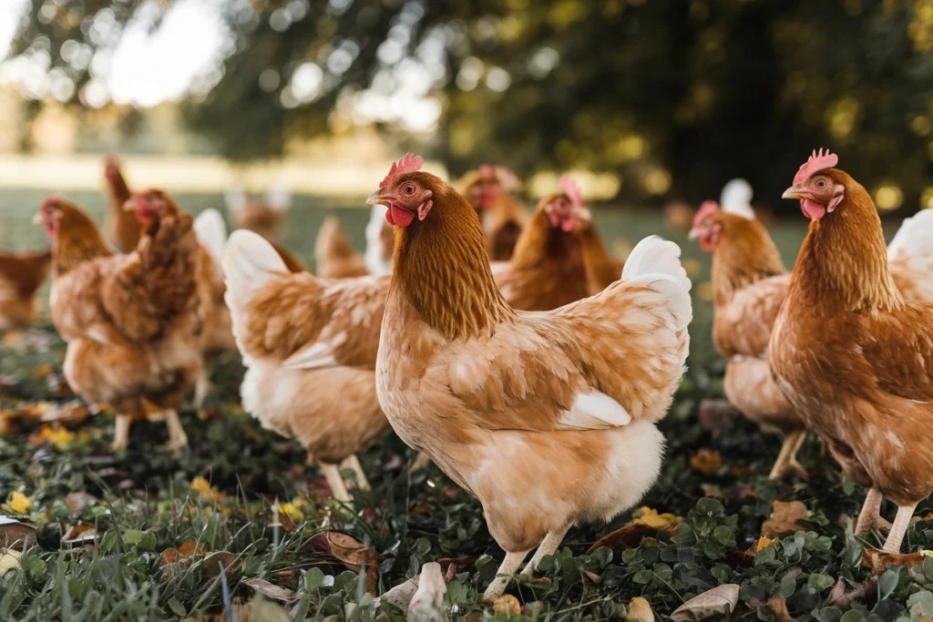 A flock of Cinnamon Queen chickens with reddish-brown and white feathers grazing in a grassy outdoor area with scattered leaves.