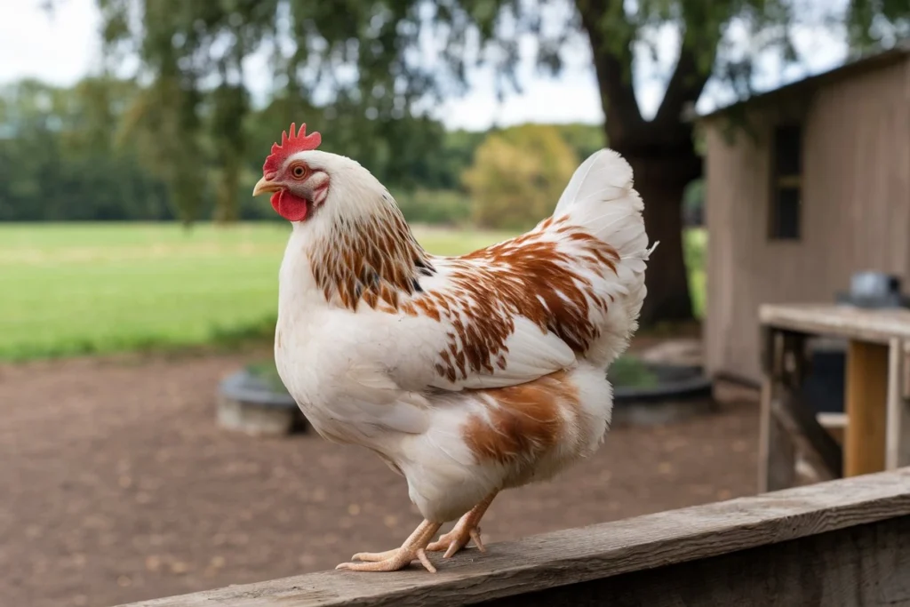 A Cinnamon Queen chicken perched on a wooden fence, framed by a lush green farm environment.