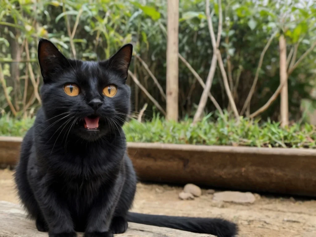 A black cat with bright yellow eyes and an open mouth, sitting outdoors in front of a green garden.