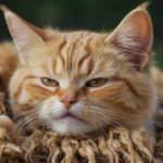 A close-up of a relaxed orange tabby cat with a slightly grumpy expression, lying on a textured blanket.