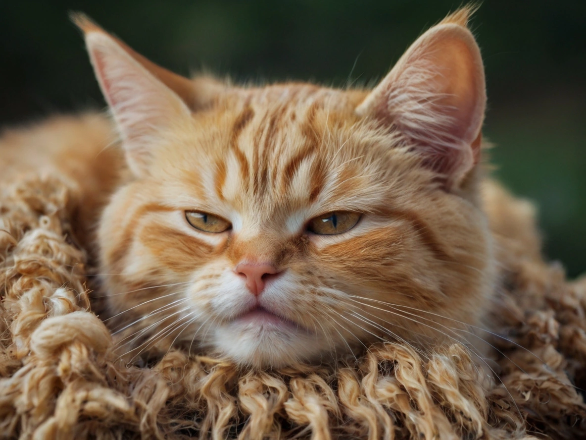 A close-up of a relaxed orange tabby cat with a slightly grumpy expression, lying on a textured blanket.