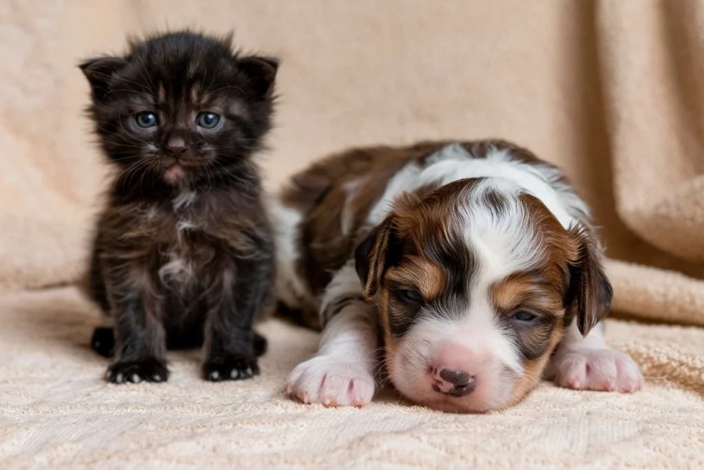 A close-up view of a newborn kitten sitting upright beside a newborn puppy resting on a soft beige background.