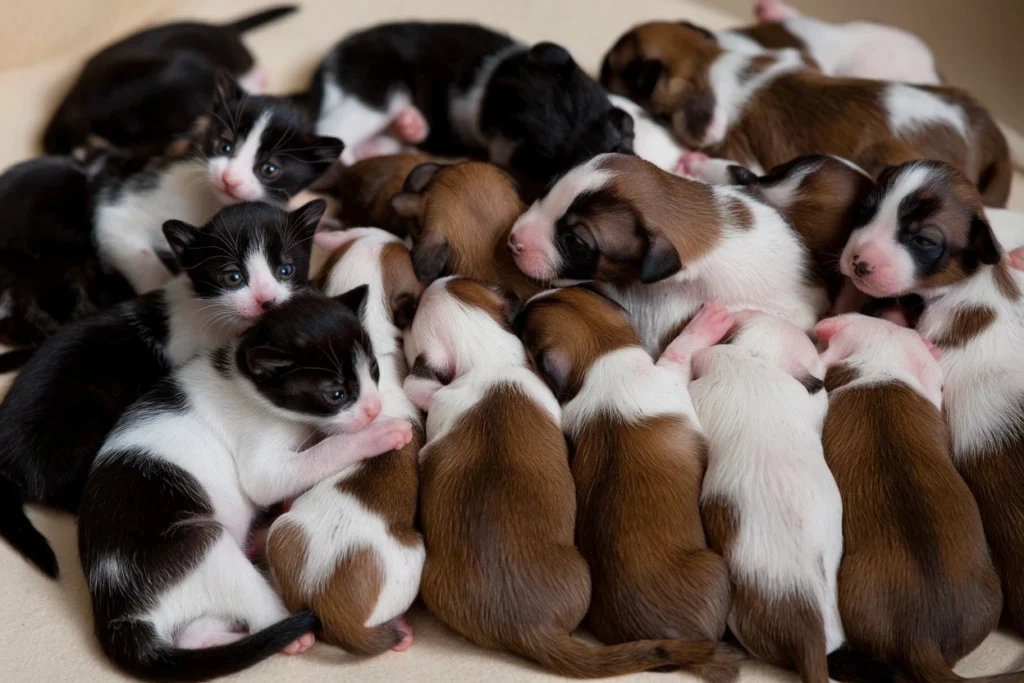 A heartwarming scene of newborn kittens and puppies cuddling together. The kittens, with black and white fur, and the puppies, with brown and white fur, are nestled in a close, cozy group.