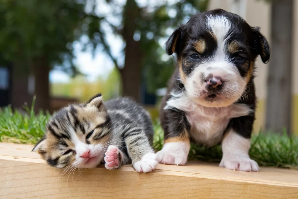 A basket filled with golden retriever puppies sitting among orange, black, and white kittens, all nestled together peacefully.