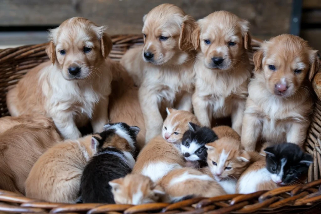 A cozy basket filled with golden retriever puppies and multicolored kittens, snuggling together on a wooden backdrop.