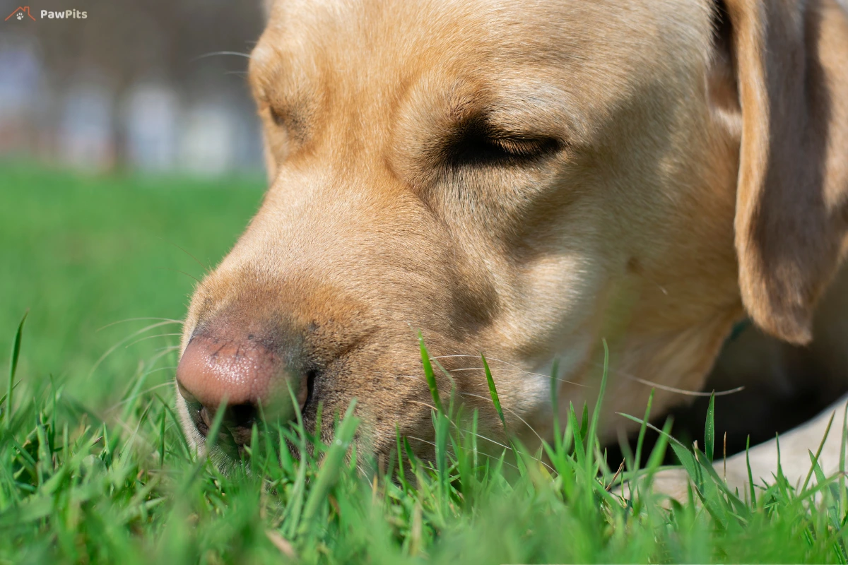 Dog intestinal blockage timeline: A sick dog lying down with a sad expression, showing early symptoms such as vomiting and loss of appetite