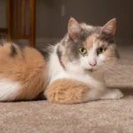 A muted calico cat with soft pastel fur and green eyes gazing into the camera.