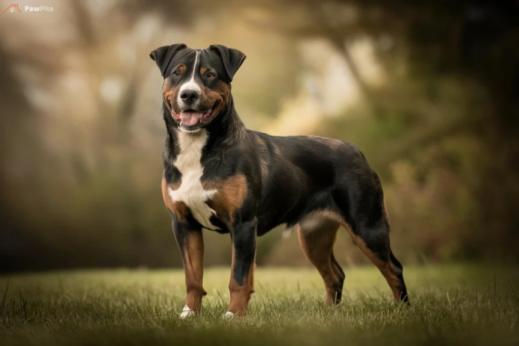 A Linaton Co Dog standing proudly in an outdoor setting, showcasing its muscular build, glossy coat, and striking eyes.