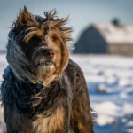 Idaho Shag Dog herding cattle on a ranch with rolling hills in the background.