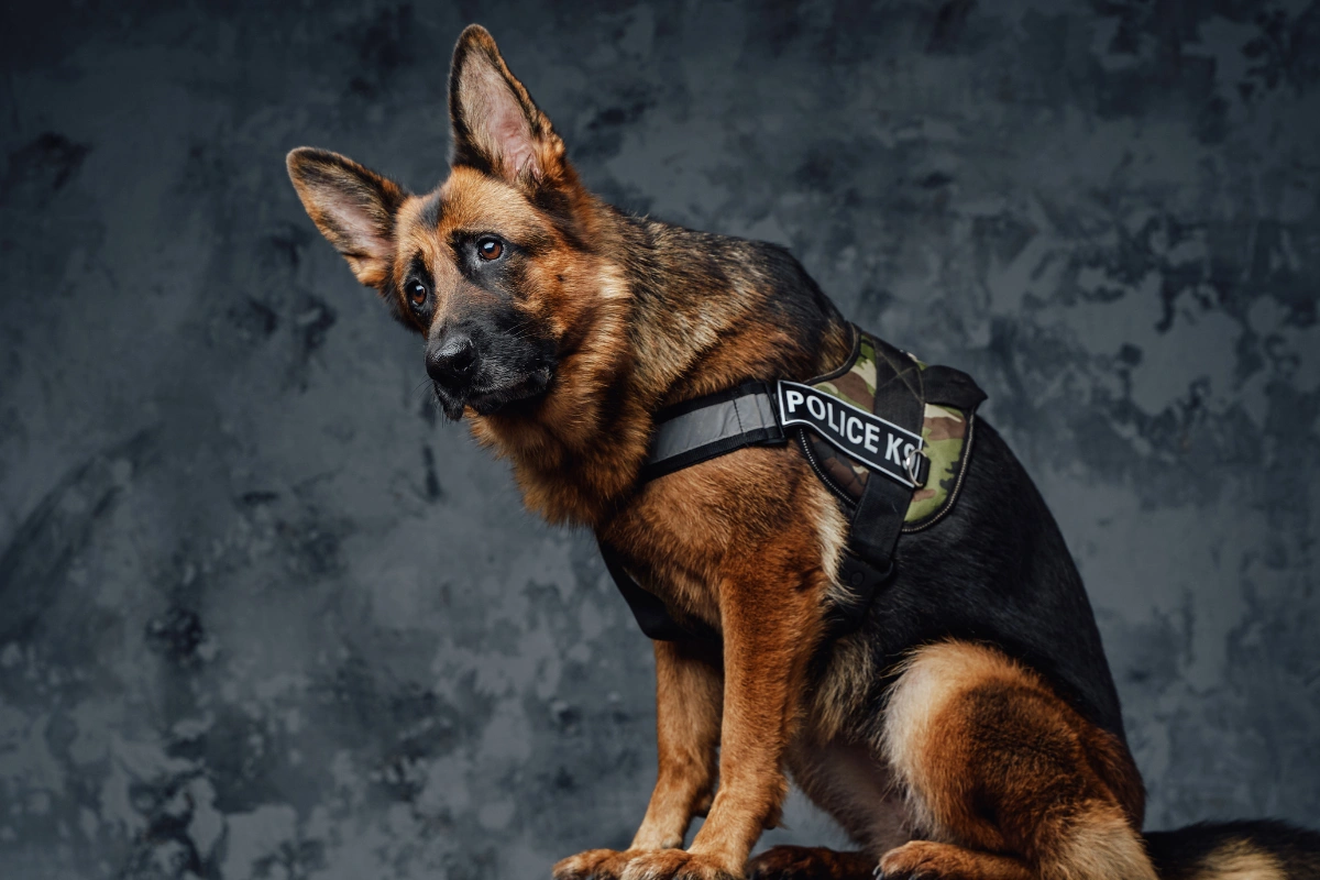 Police K9 dog names – A trained German Shepherd police dog in action during a patrol.