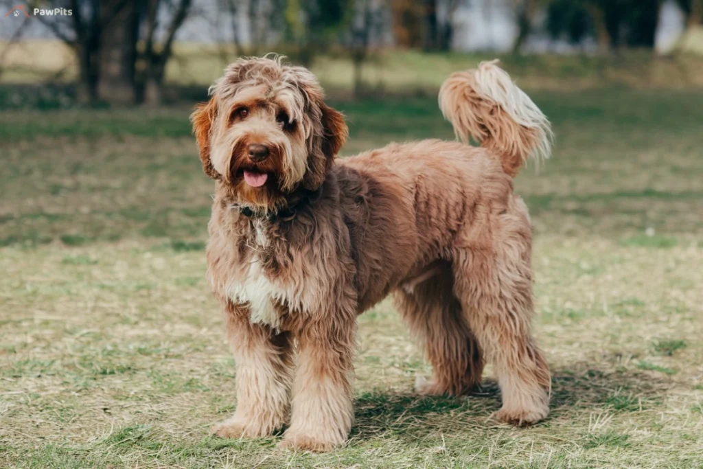 Full-grown Cockapoo sitting with a family in a cozy living room, showcasing its friendly demeanor.