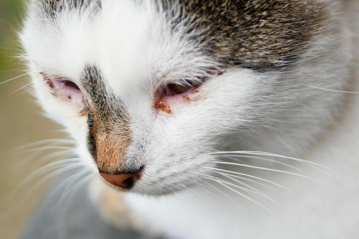 A domestic cat with watery eyes and a runny nose, appearing to sneeze while resting on a soft blanket indoors.