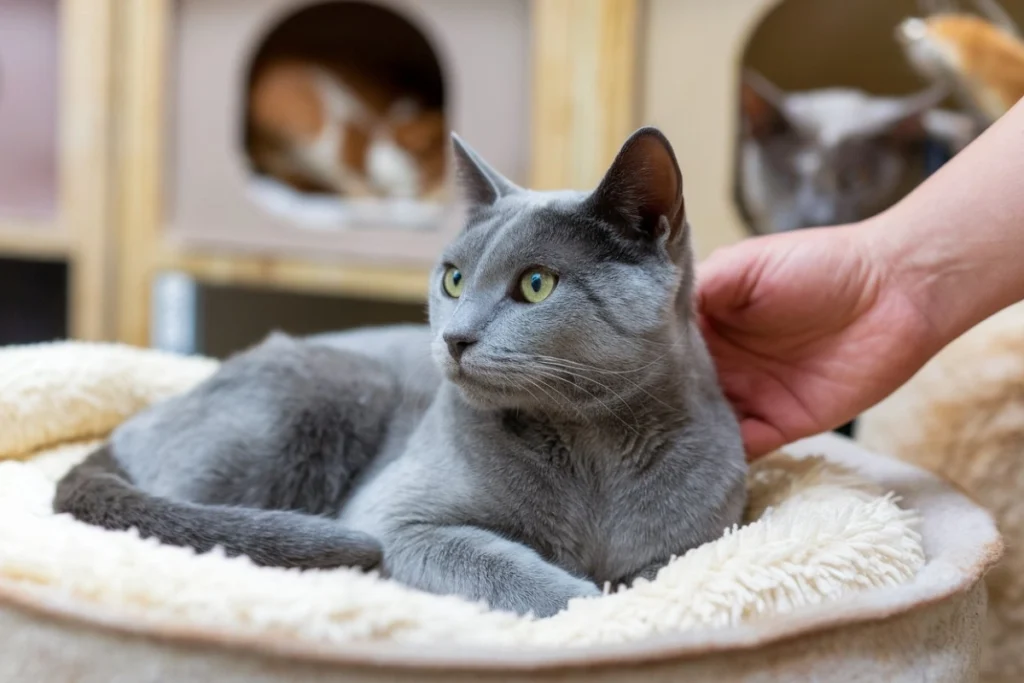 A Russian Blue cat in a shelter, looking curiously at a kind volunteer reaching out to pet it.