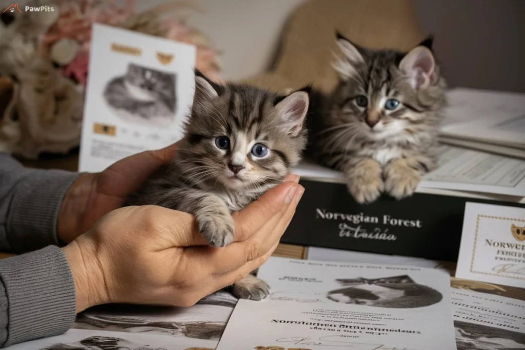 Three Norwegian Forest Cat kittens sitting together while a vet performs a health check.