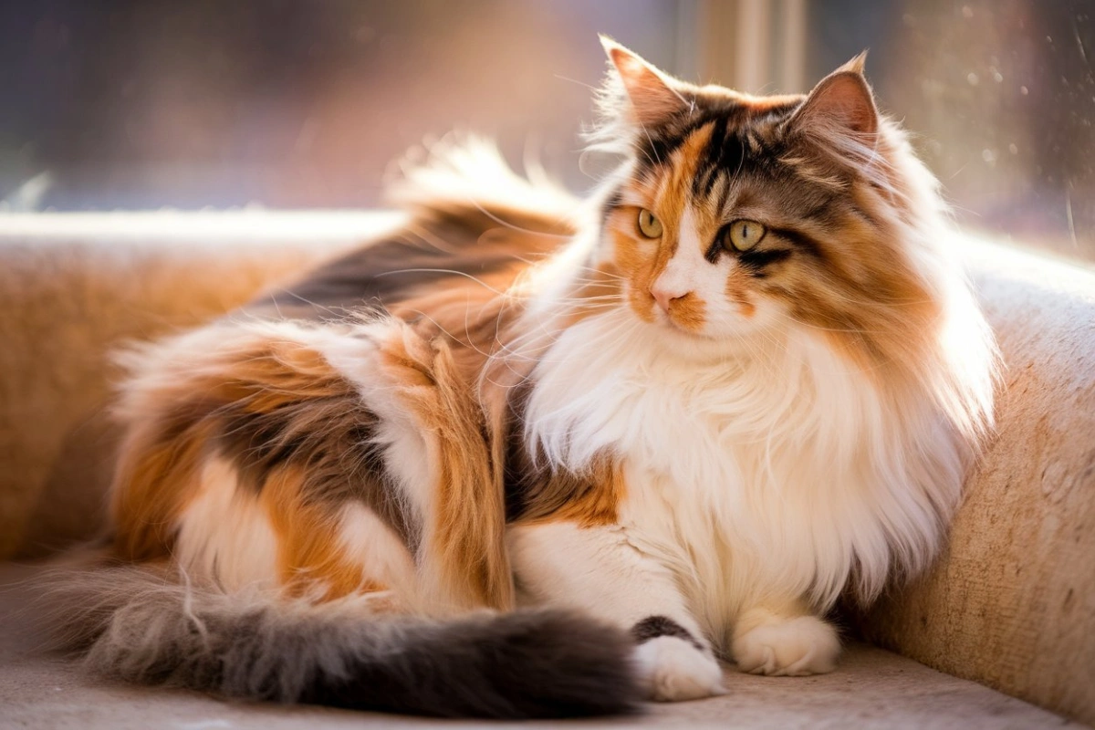 A long haired calico cat with a vibrant tricolor coat of white, orange, and black sitting on a windowsill in warm sunlight.