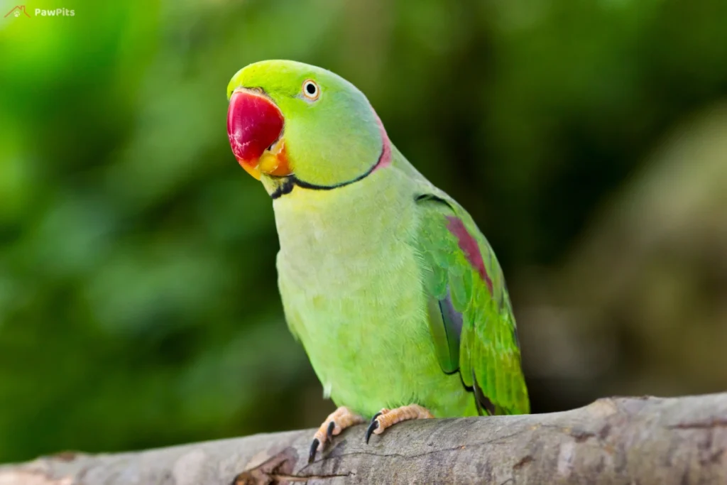 A well-cared-for Mexican Parrotlet sitting inside a spacious cage with perches and toys.