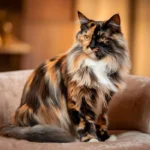 A beautiful long-haired calico cat sitting on a cushion, showcasing the luxurious fur pattern common in calico cat breeds.