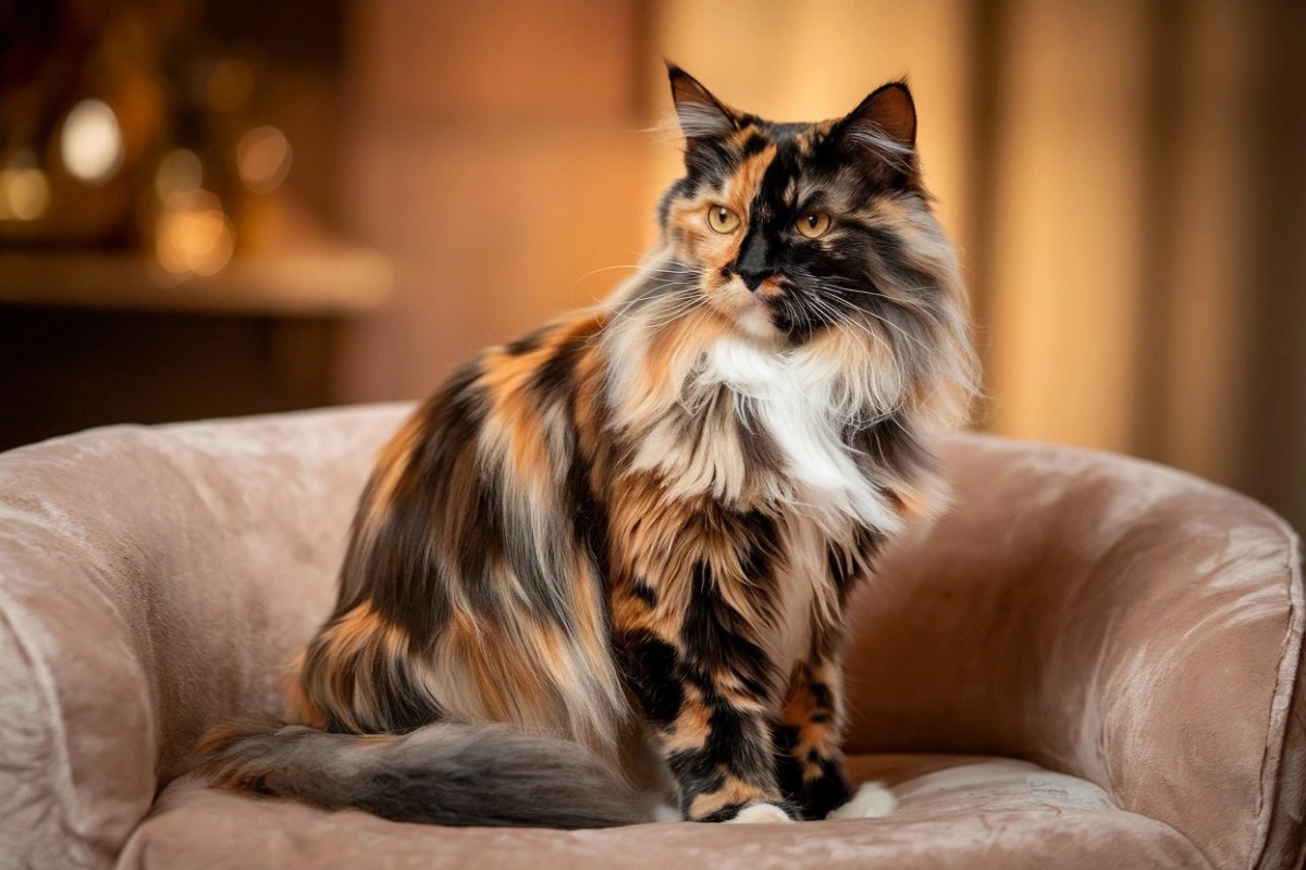 A beautiful long-haired calico cat sitting on a cushion, showcasing the luxurious fur pattern common in calico cat breeds.