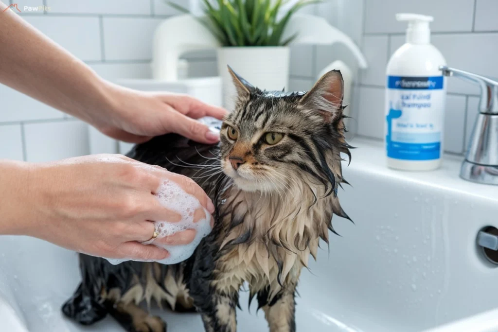 A pet owner bathing a cat using cat-friendly shampoo to remove greasy fur.