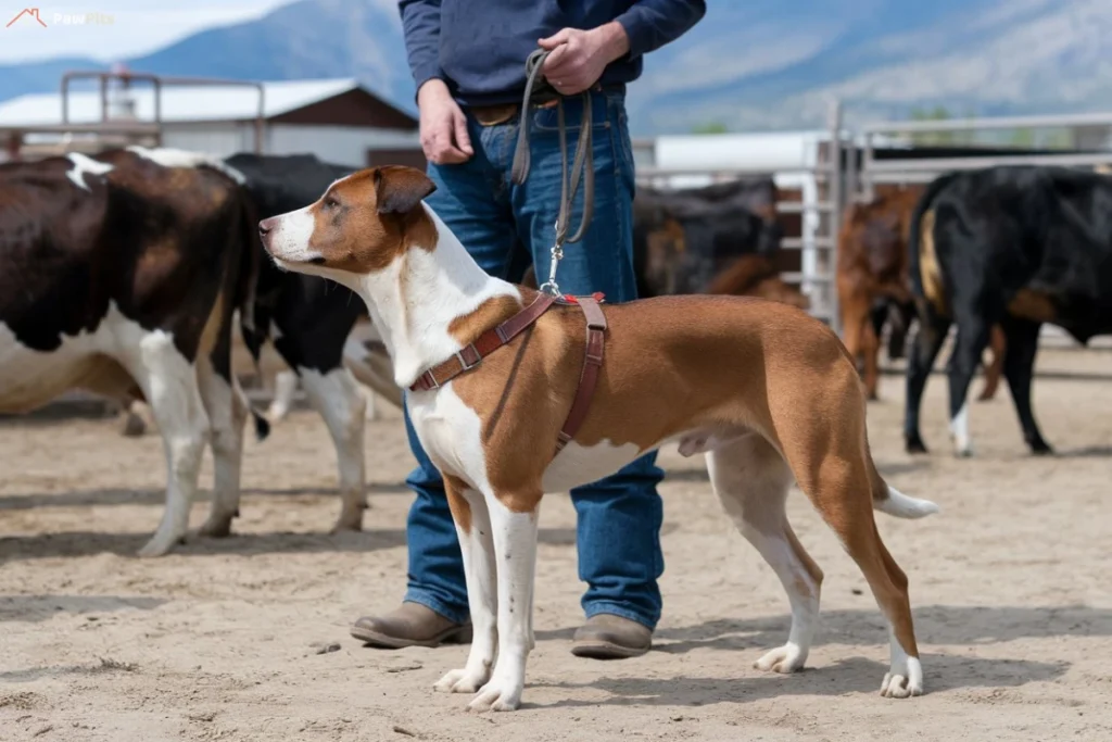 A focused Hanging Tree Dog responding to a rancher’s commands while herding cattle.