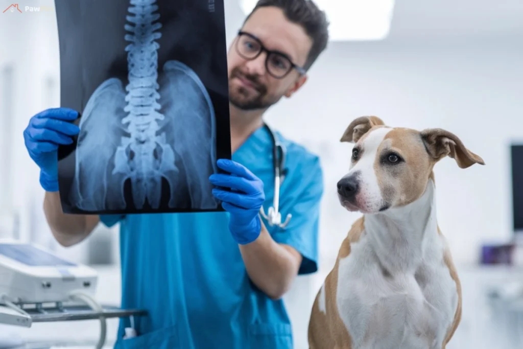 Dog intestinal blockage timeline: A weak dog lying on a vet examination table, showing severe symptoms such as bloating and dehydration