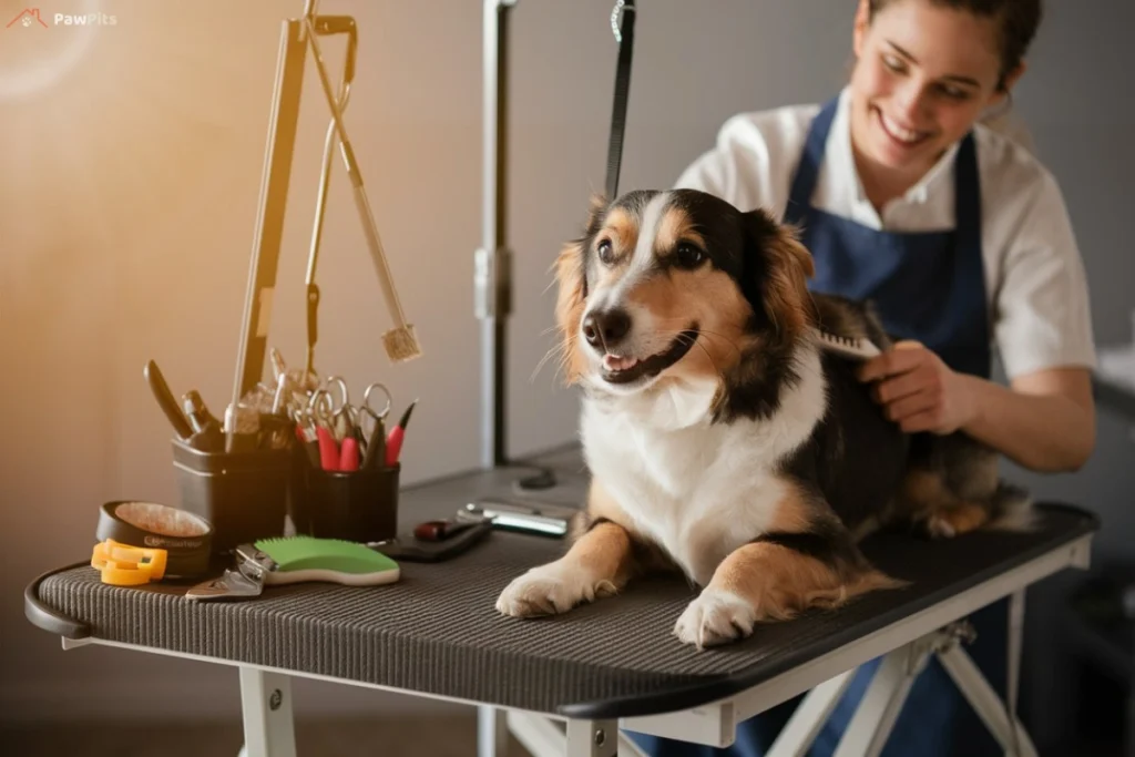 A Linaton Co Dog being gently brushed by a professional groomer, sitting calmly with a well-groomed, shiny coat.