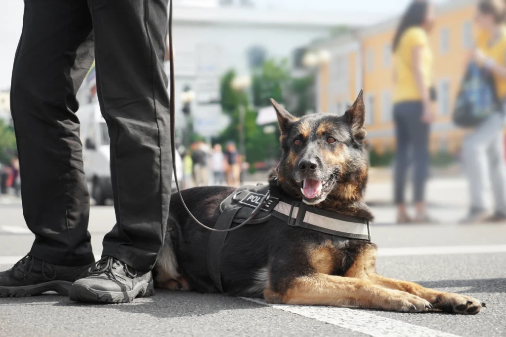 Police K9 dog names – A Belgian Malinois police dog standing beside its handler, ready for duty.