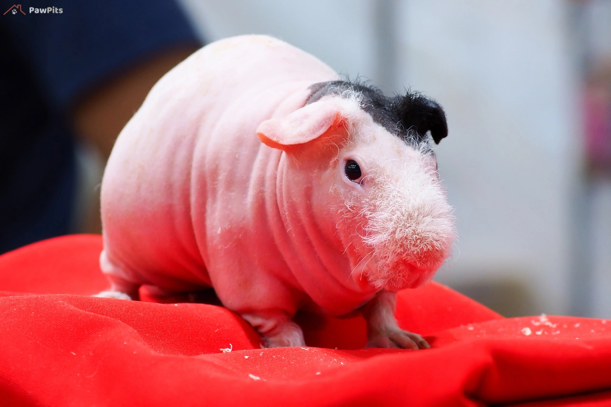 A hairless hamster nibbling on fresh vegetables and high-protein food.