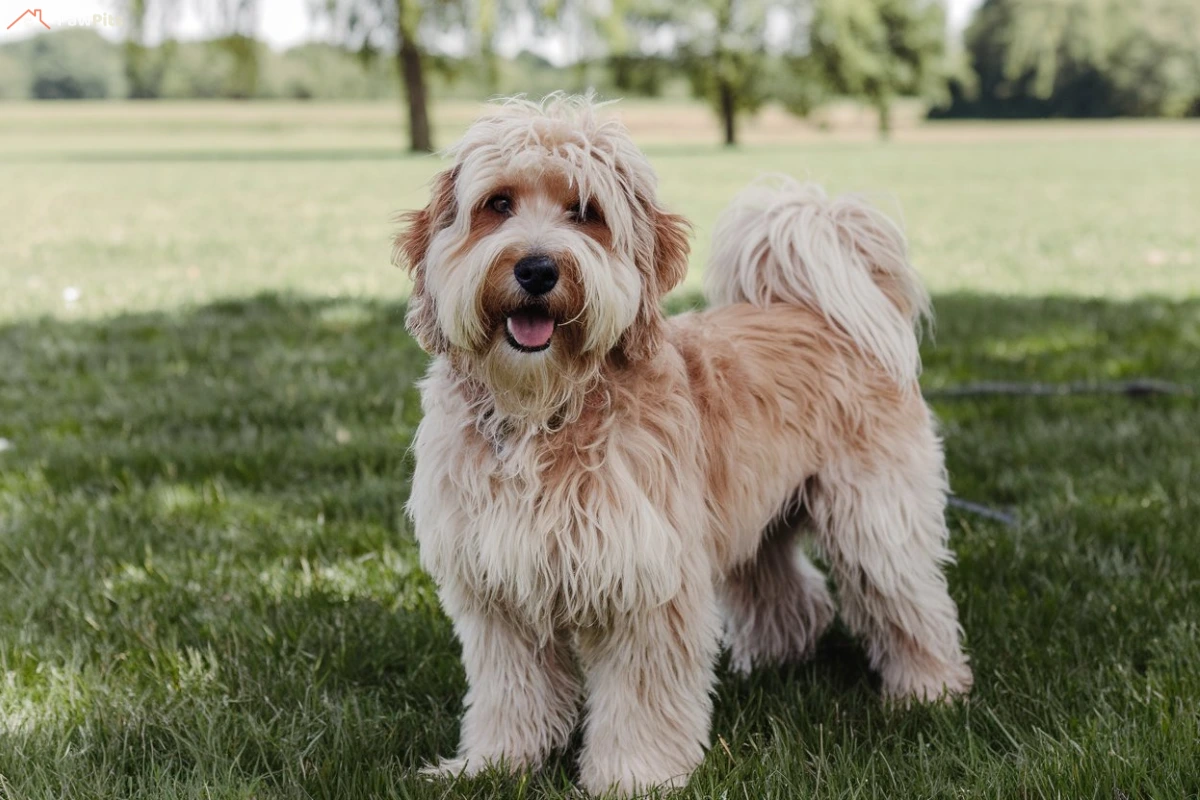 Full-grown Cockapoo playing in a park with kids, showcasing its playful and energetic nature.