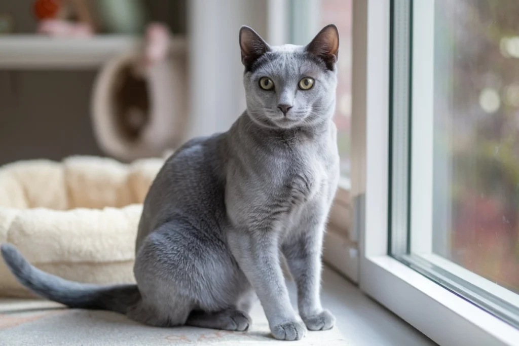 A beautiful Russian Blue cat with a sleek silver-blue coat and striking green eyes, sitting by a window in a cozy home.