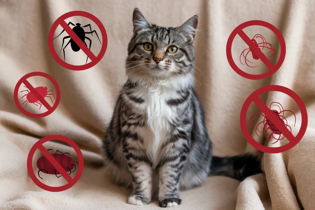 A healthy cat sitting on a blanket, surrounded by icons of fleas, ticks, heartworms, and intestinal worms with red prohibition signs, symbolizing Simparica Trio for cats' protection.