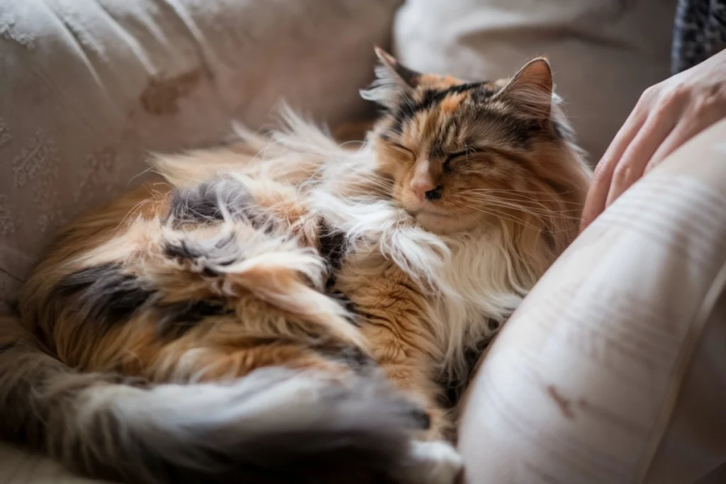 A long haired calico cat snuggling with its owner on a cozy couch, purring contently while being gently petted.