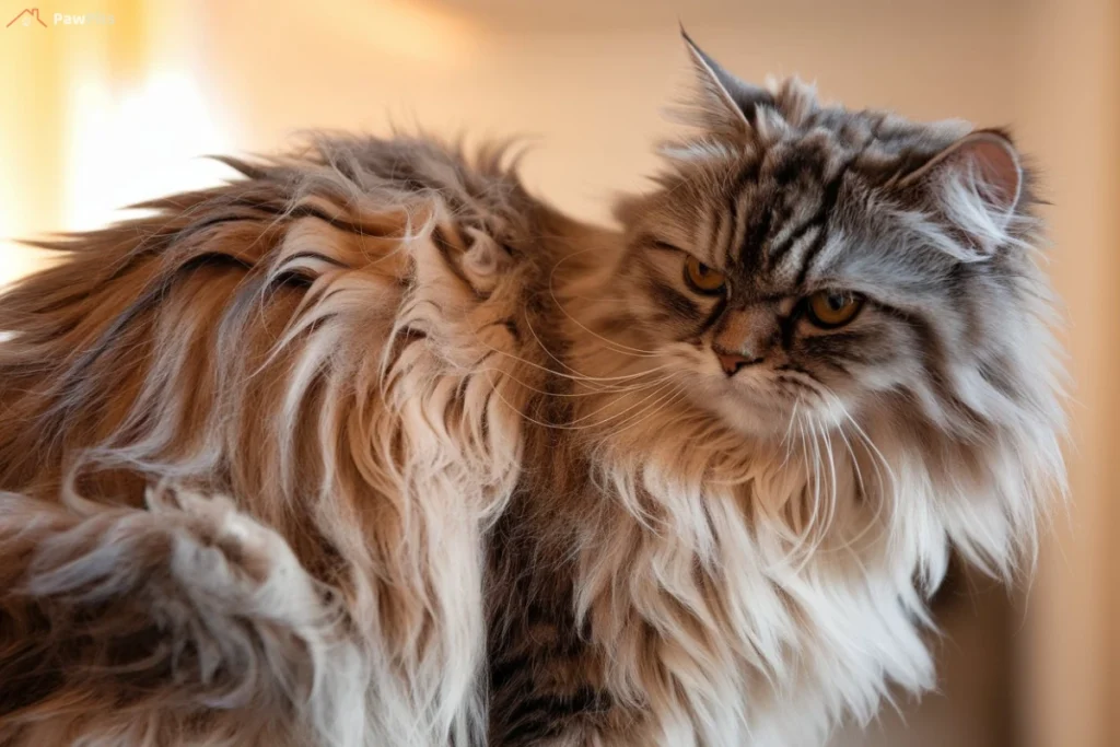 A close-up of a fluffy cat with greasy, clumped fur around its neck and back.