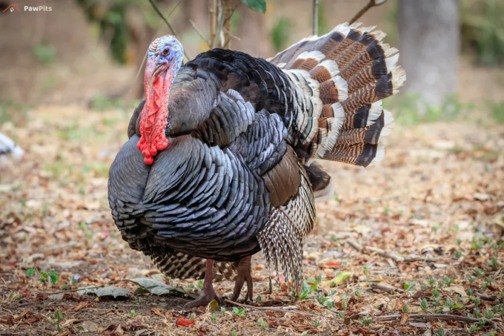 A male cat curled up on a soft bed indoors while a male turkey roams freely in a spacious farmyard.