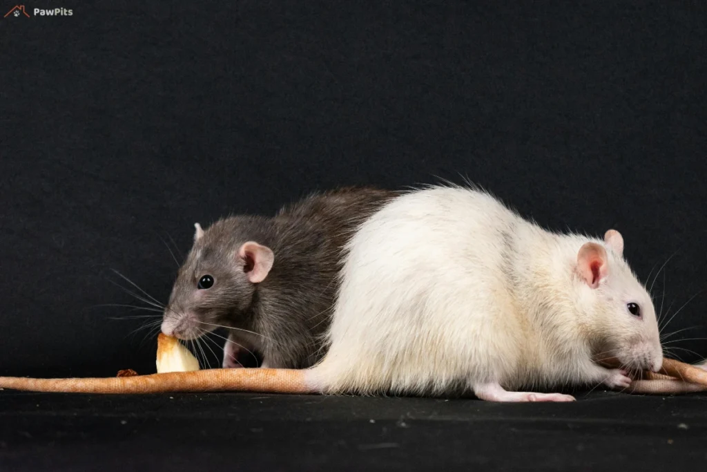 A small rat looking at a slice of cheese with a red warning sign next to it, symbolizing potential health risks.