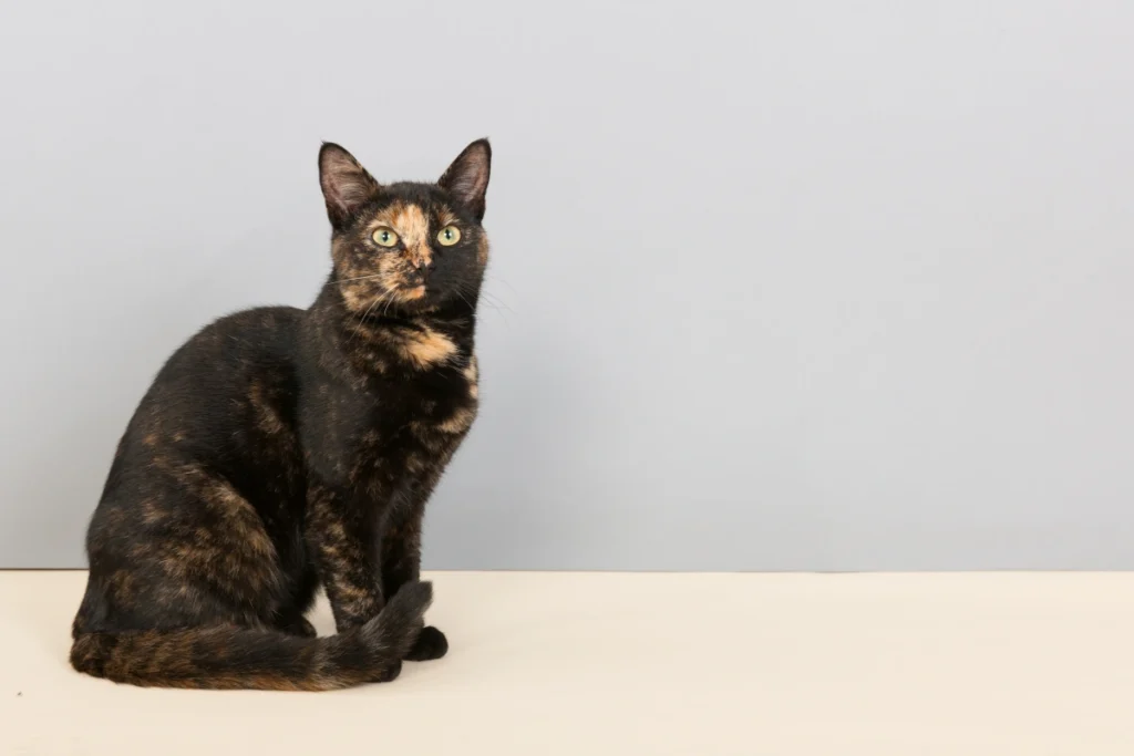 A dilute tortoiseshell cat lounging on a soft bed, its pastel coat glowing in natural sunlight.