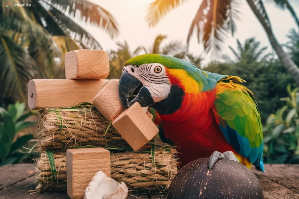 A colorful parrot chews on bird-safe toys like wooden blocks and seagrass mats.