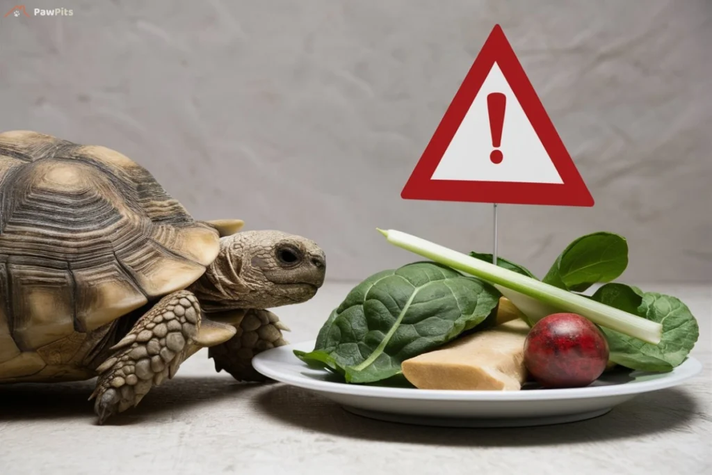 A Russian tortoise eating dandelion greens and collard greens, enjoying a healthy meal outdoors