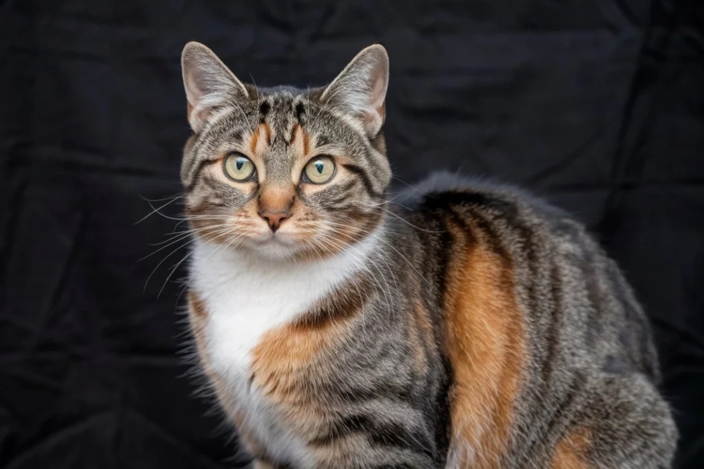 A beautiful torbie cat sitting in the sunlight, showcasing its unique mix of tabby stripes and tortoiseshell patches.