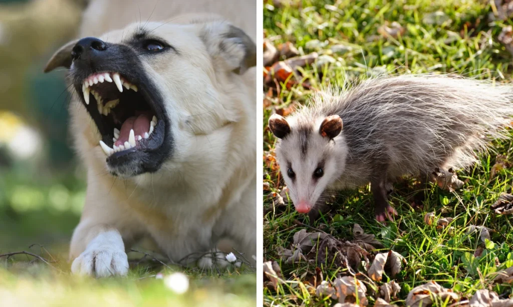 are possums dangerous to dogs: A close-up of a possum in the wild with glowing eyes and small sharp teeth, surrounded by subtle virus-like graphics, representing disease risks to dogs.