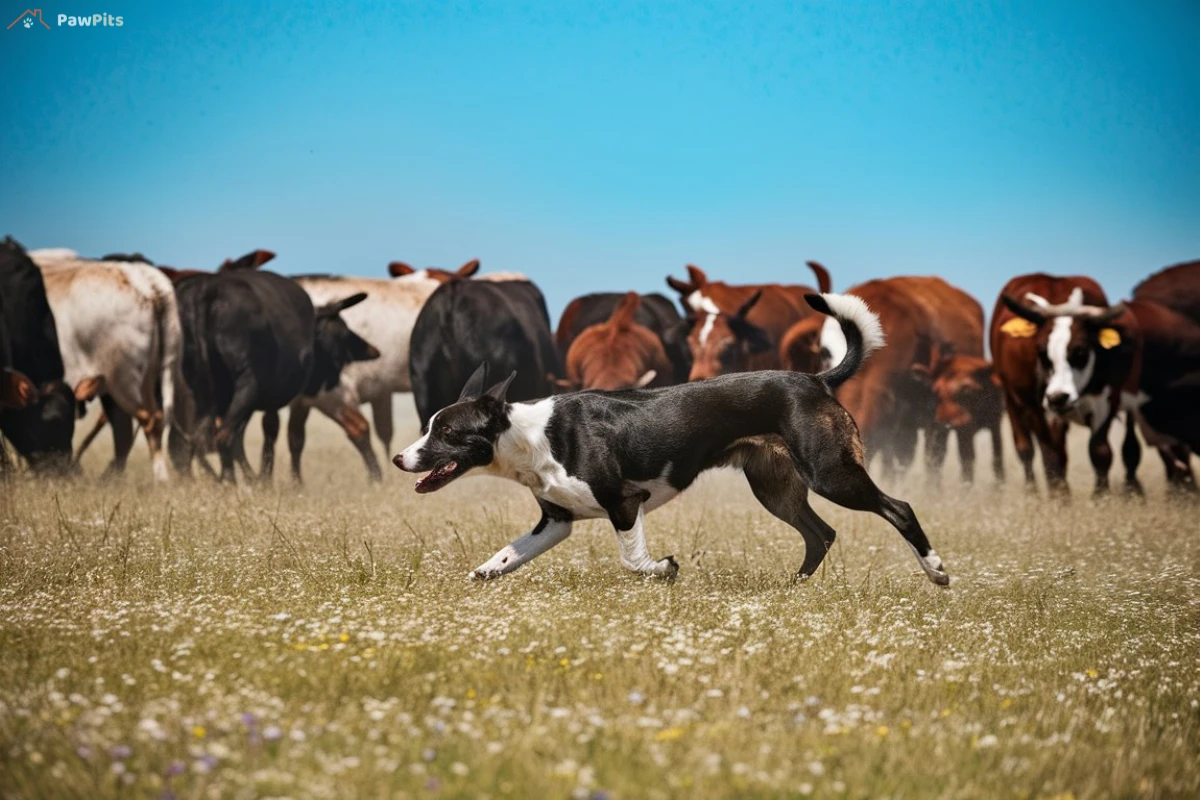 A Hanging Tree Dog standing on a hill, overlooking a large countryside with rolling fields and grazing livestock.