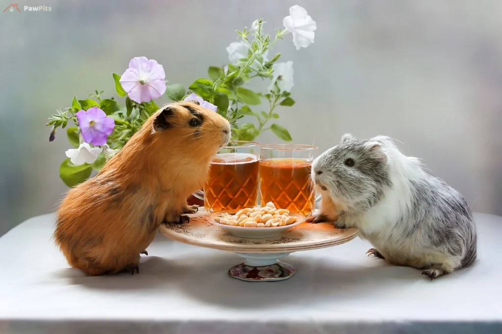 A guinea pig sniffing a cucumber slice with a thought bubble showing a question mark, next to a calendar marking a few feeding days per week.