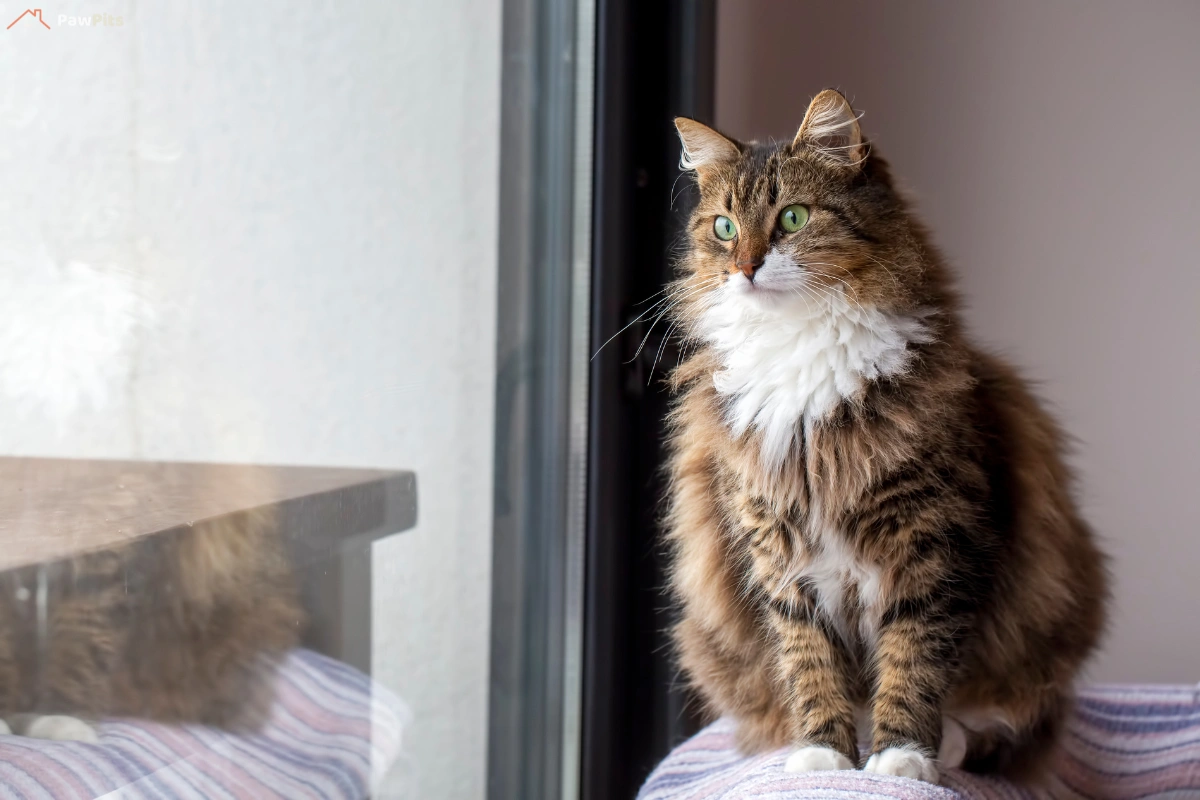 A majestic Norwegian Forest Cat sitting in a snowy forest, showcasing its thick fur and Viking-era heritage.