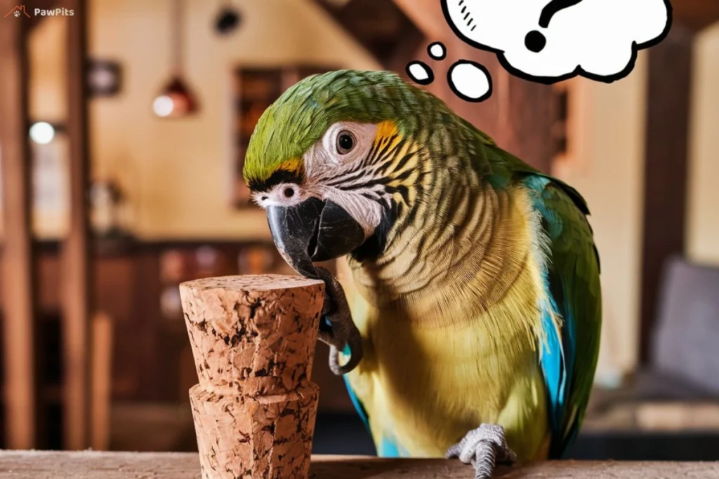 A curious parrot examines a cork stopper while sitting on a wooden perch.