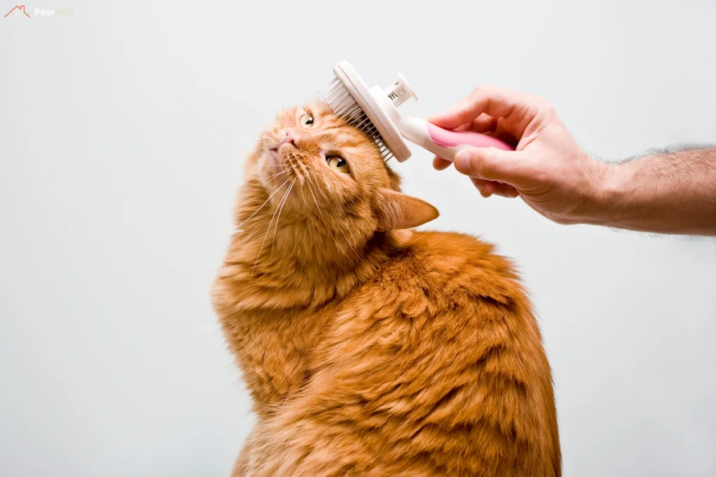 A fluffy male cat being brushed by its owner while a turkey enjoys a dust bath outdoors. Male Cats or Turkeys