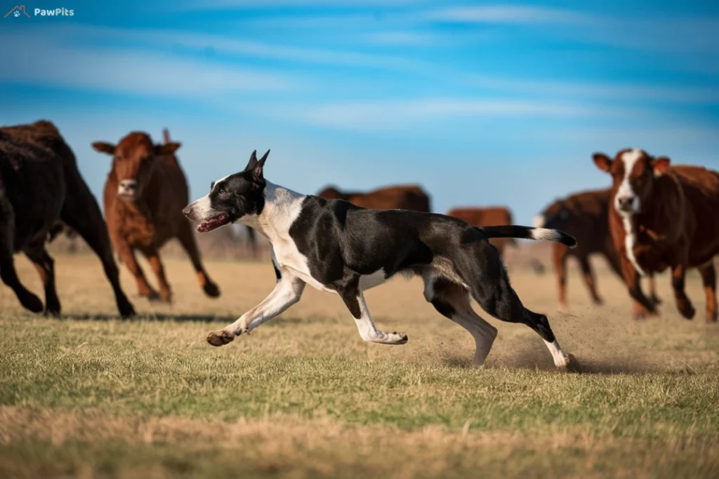 A strong and agile Hanging Tree Dog herding cattle in an open field, demonstrating its endurance and intelligence.