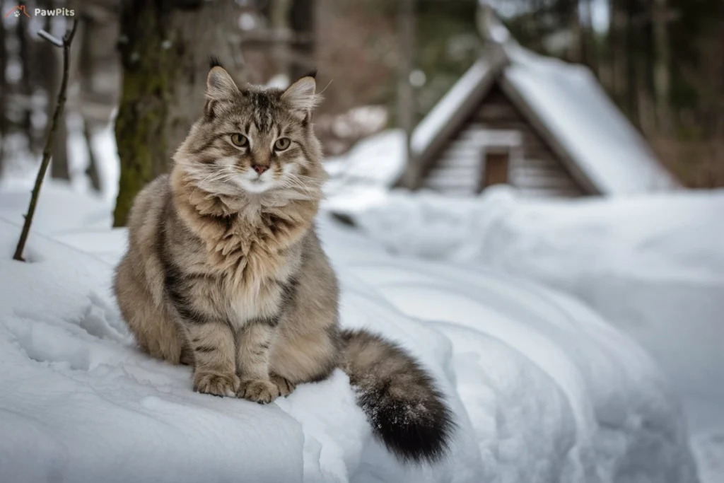 A Norwegian Forest Cat kitten being brushed by its owner, with a food bowl and a cat tree nearby.