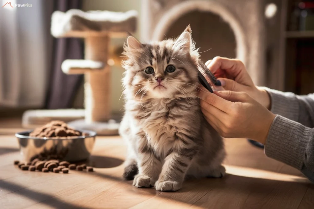 A Norwegian Forest Cat kitten comfortably resting in its new home, with a cozy bed and toys around.