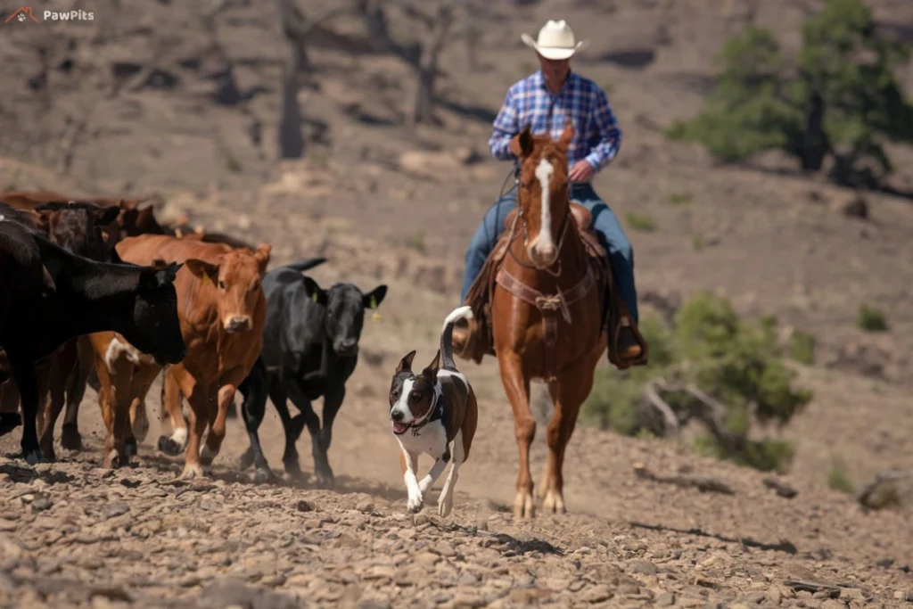 A hardworking Hanging Tree Dog running alongside cattle, assisting a rancher on horseback.